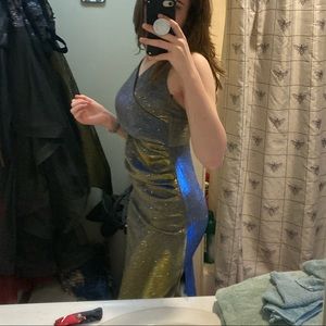 Blue gold sparkle color change formal prom dress